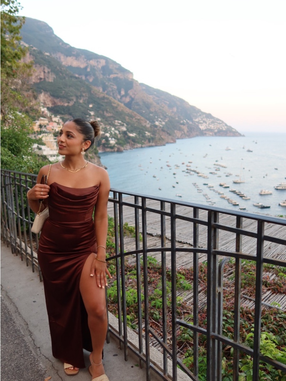 Babyboo Satin Brown Cowl Neck Slit Maxi Dress